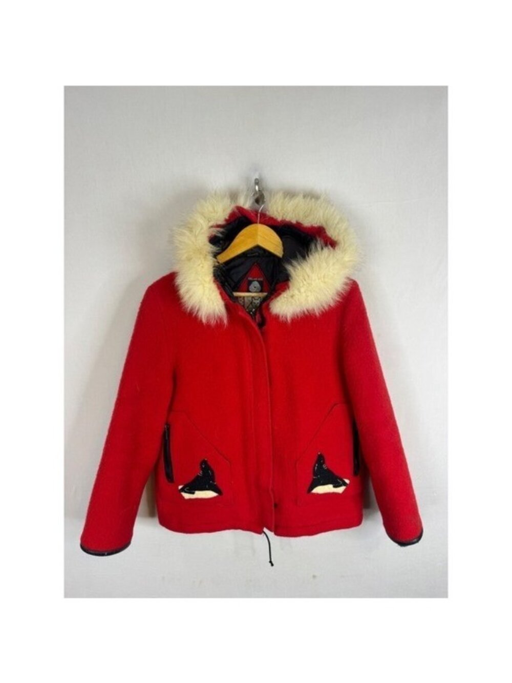 James Bay Red Virgin Wool Parka Hooded Jacket Faux Fur Trim Canada Womens Medium